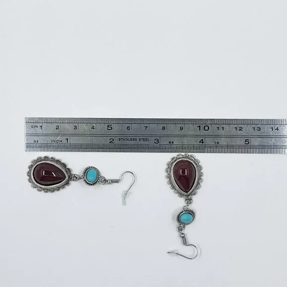 New / Hand Crafted - Southwestern Vibes Turquoise & Dark Red Dangle Earrings - Picture 5 of 6